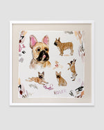 Load image into Gallery viewer, Custom silk pet portrait of Roger, a French bulldog, in a white frame
