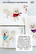 Load image into Gallery viewer, Collage of pet portraits with bandanas and a testimonial from Frances.
